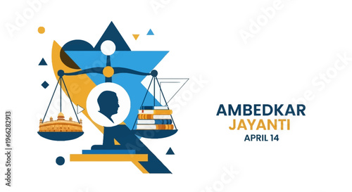 Illustration celebrating Ambedkar Jayanti on April 14th, featuring scales of justice and a silhouette of Dr. B.R. Ambedkar.