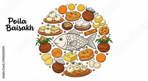 A vibrant circular arrangement of traditional Bengali New Year (Poila Baisakh) food items and symbols, featuring a central fish illustration.