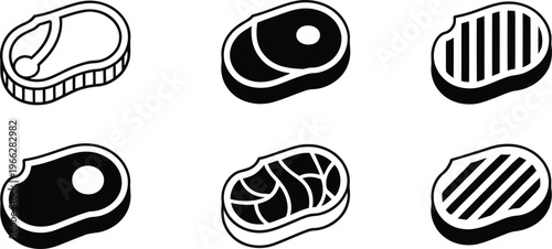 Set of six isometric steak icons showing various raw and cooked meat cuts for culinary use