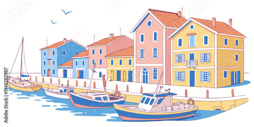 Charming Fishing Port Village with Bright Pastel Buildings by the Sea