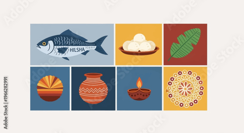 A collection of colorful square icons representing Bengali culture, including a fish, sweets, a leaf, a sun, a pot, and a diya.