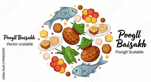 Circular arrangement of traditional Indian food items and decorations for Poongal Baisakh festival.