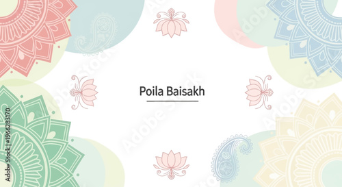 Poila Baisakh greeting card with floral and mandala designs in pastel colors.