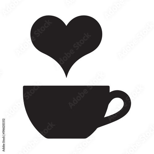 A simple black silhouette of a coffee cup with a heart shaped steam