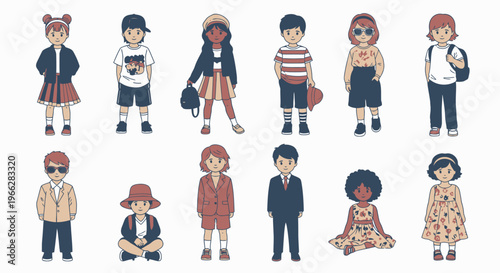 Diverse group of cartoon children standing in different outfits