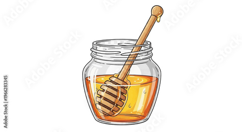 Vector illustration of honey jar with wooden honey dipper on transparence background
