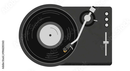 Vector illustration of top view of a vintage vinyl record player with a spinning black record on transparence background