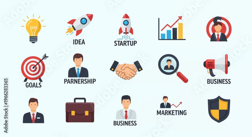 A collection of business-related icons illustrating concepts like goals, ideas, startups, partnerships, marketing, and business growth.