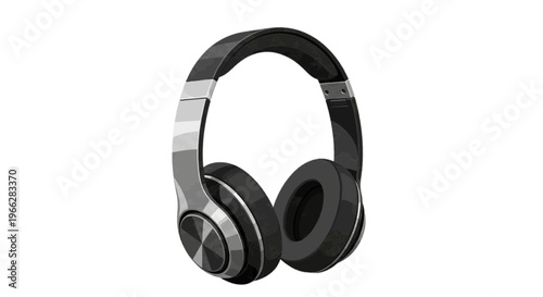 Vector illustration of modern wireless overear headphones with a patterned black and grey design on transparence background