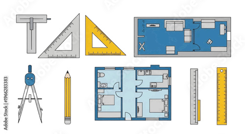 Vector illustration of architectural drafting tools and floor plan blueprints set on transparence background