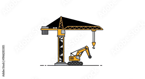 Vector illustration of construction site equipment with tower crane and excavator on transparence background
