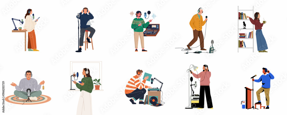 Fototapeta premium Diverse Set of People Recording Podcasts and Broadcasting Radio Shows Using Professional Audio Equipment and Microphones in Flat Vector Illustration Style