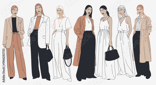 Fashionable women in stylish outfits with handbags