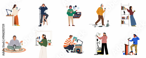 Diverse Set of People Recording Podcasts and Broadcasting Radio Shows Using Professional Audio Equipment and Microphones in Flat Vector Illustration Style