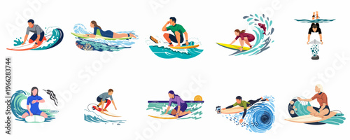 Collection of Flat Illustration Vector Designs Featuring Men and Women Surfing and Enjoying Water Sports Activities on Ocean Waves