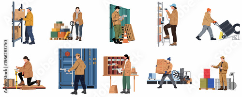 Vector Illustration Set of Warehouse and Logistics Workers Handling Inventory, Shipping Containers, and Package Distribution Tasks