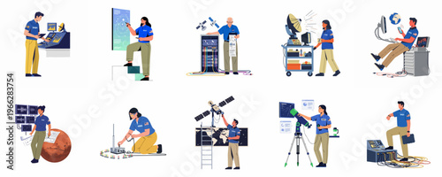 Collection of flat vector illustrations featuring NASA scientists and engineers engaged in various space exploration, technology, and research activities.