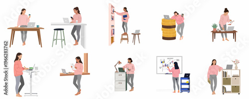 Vector illustration collection of a woman working from home, managing finances, organizing workspace, and analyzing investment charts in various professional scenarios.