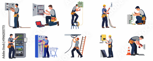 Set of diverse professional electricians performing various electrical installations, repairs, and maintenance tasks in a flat illustration style.