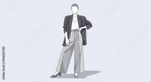 Fashionable woman in stylish outfit with blazer and wide leg pants