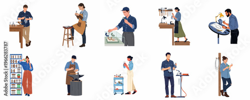 Collection of diverse jewelers and artisans working on jewelry, designing, polishing, and crafting in their workshops using professional tools and equipment.