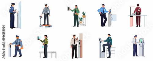 Collection of flat vector illustrations featuring security guards and police officers using modern biometric access control and monitoring technology.