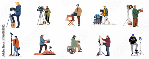 Set of flat illustrations of professional film crew members and movie production staff with cinematic equipment on white background.