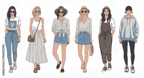 Fashionable Women in Casual Summer Outfits Walking