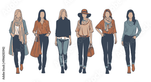 Diverse group of stylish women walking in modern outfits