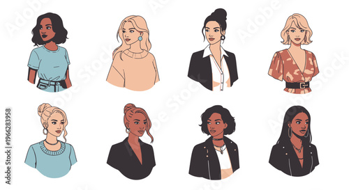 Diverse group of women illustrations various ethnicities and styles