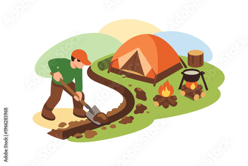 Man digging trench near campsite with tent and campfire.