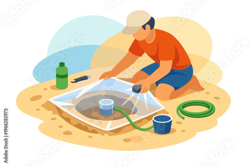 Man setting up a solar water purifier on a sandy beach.