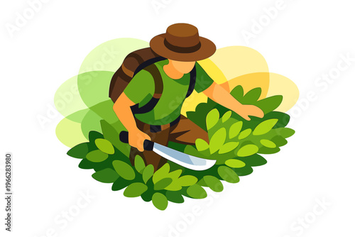 Man with Machete Cutting Green Bushes Outdoors.