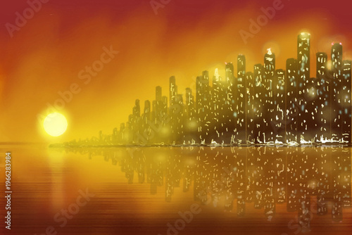 Golden sunset over modern city skyline with glowing skyscrapers reflected on calm water. Bright orange sky and sun illuminate futuristic metropolis with shimmering lights on horizon
