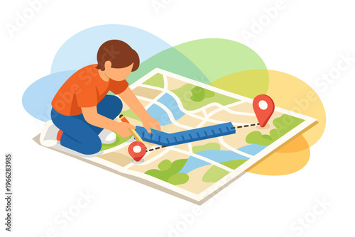 Person planning a route on a map with location pins.