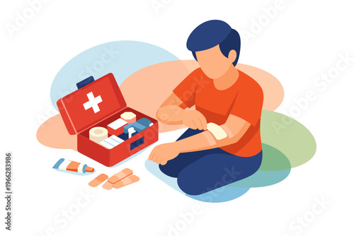 Person applying bandage to arm from first aid kit.