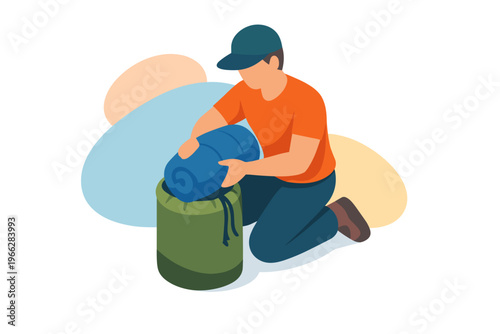 Person packing a sleeping bag into a backpack for outdoor adventure.