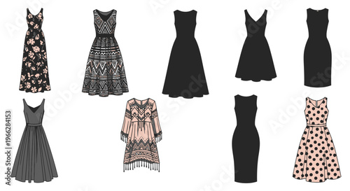 Collection of various women s dresses in different patterns and styles