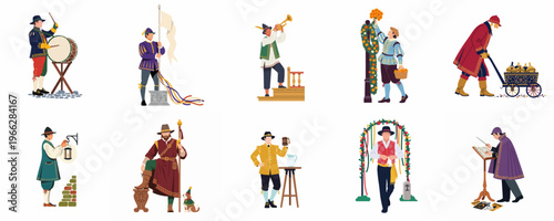 Vector illustrations of medieval characters in traditional attire celebrating a festival, featuring musicians, a flag bearer, and various historical townspeople on a white background.