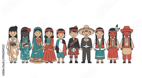 Diverse people in traditional costumes standing in a row