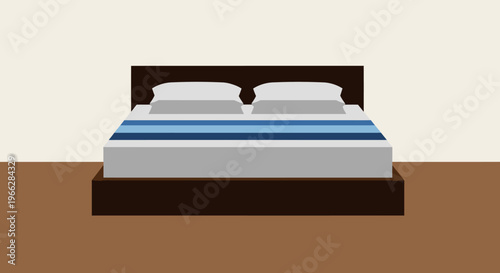 Bed with blue and white sheets.