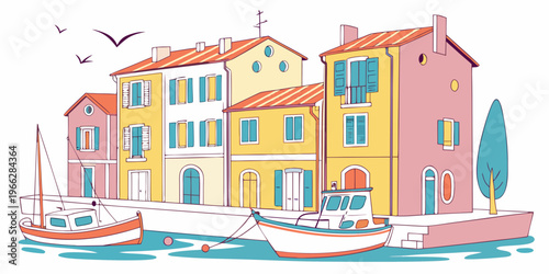 Charming Fishing Port Village with Bright Pastel Buildings by the Sea
