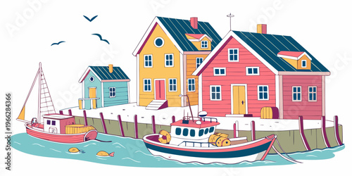 Charming Fishing Port Village with Bright Pastel Buildings by the Sea