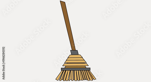 Broom with wooden handle and bristles.