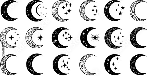 Crescent Moon Symbols: Black  White Celestial Designs for Mystical Concepts