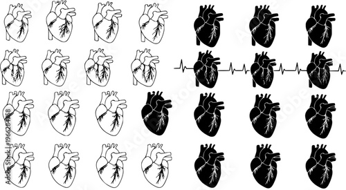 Seamless pattern of anatomical human hearts in black and white, featuring both line art outlines, solid silhouettes, and a continuous heartbeat electrocardiogram line.