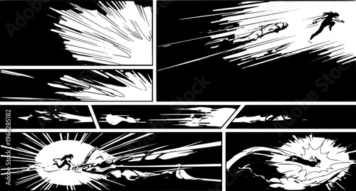 Dynamic Comic Panel: Action Scene in Black and White