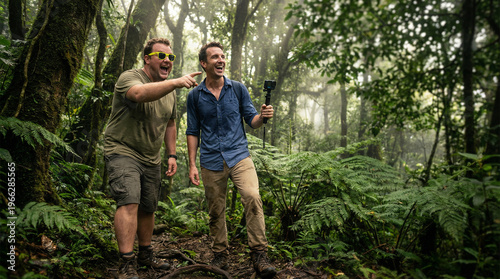Excited friends trekking through tropical rainforest with action camera
