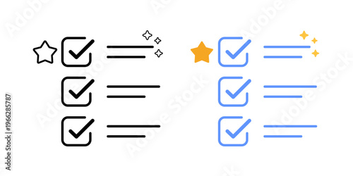 Checklist star symbol. Task checklist with star and small sparkle element. Task prioritization and importance indicator. Simple geometric icon.