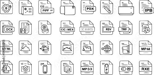 Line Art Document File Type Icons Set: Featuring common extensions like HTML, ISO, ZIP, MP44, PDX, IPB, DCX, RSV, TRF, and more for digital data and storage concepts.